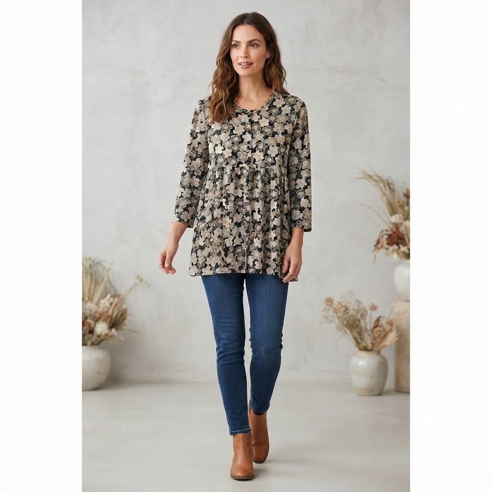 Gudrun Sjödén Floral Organic Cotton Modal Button Front Tunic Top Sz M Boho
